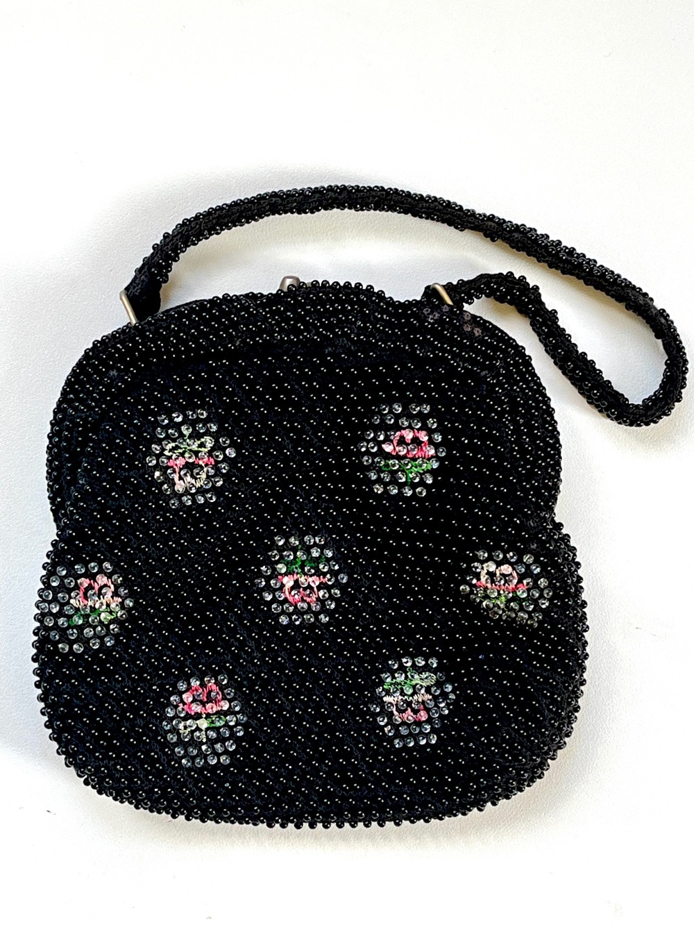 Vintage Beaded Kisslock Purse Black Caviar Bead Top Strap Handbag Lumured Floral